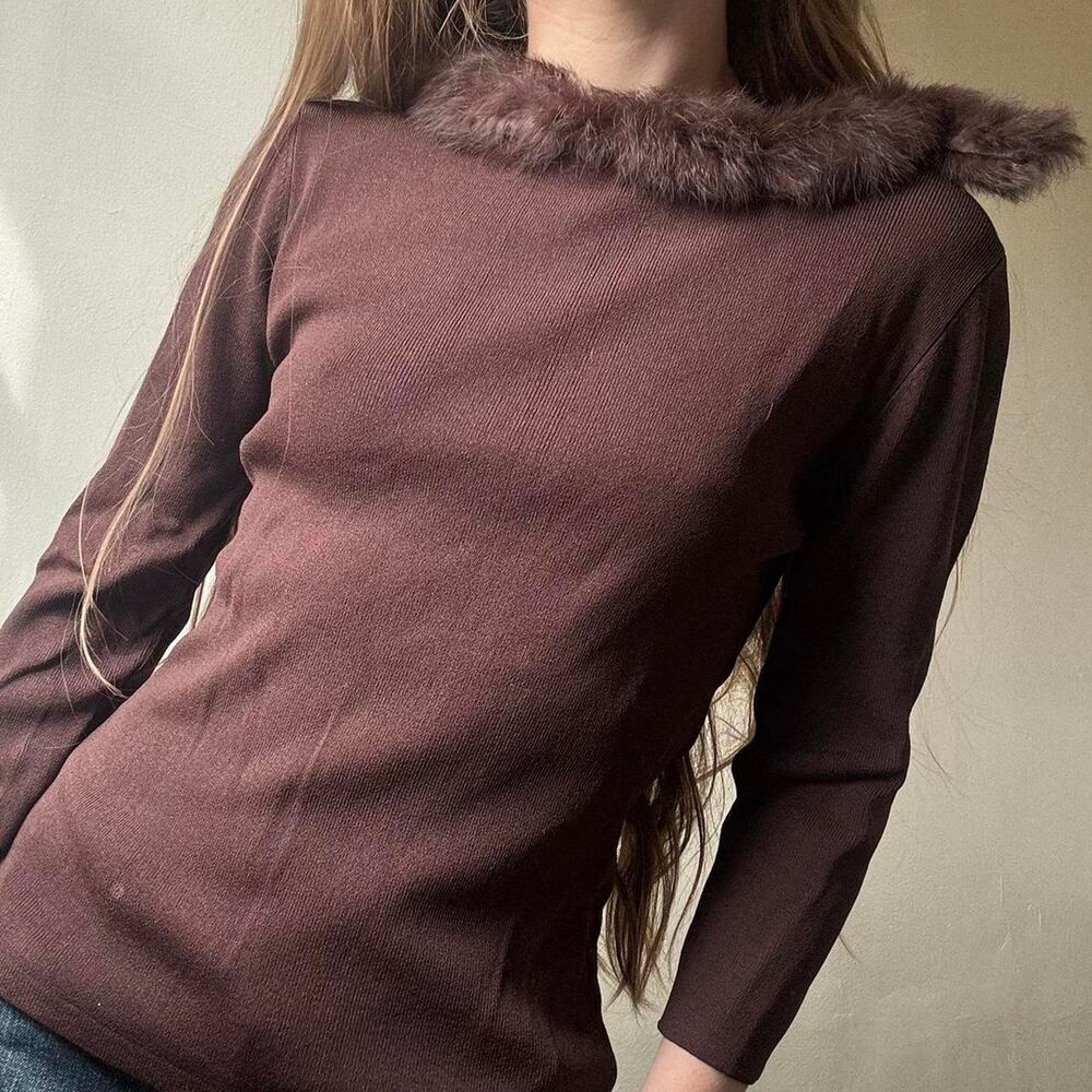 Vintage Joseph A. Brown Faux Fur Boatneck 3/4 Sleeve Blouse Small Y2K
